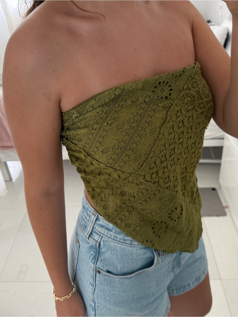 Free People Olive Lace Strapless Crop Top